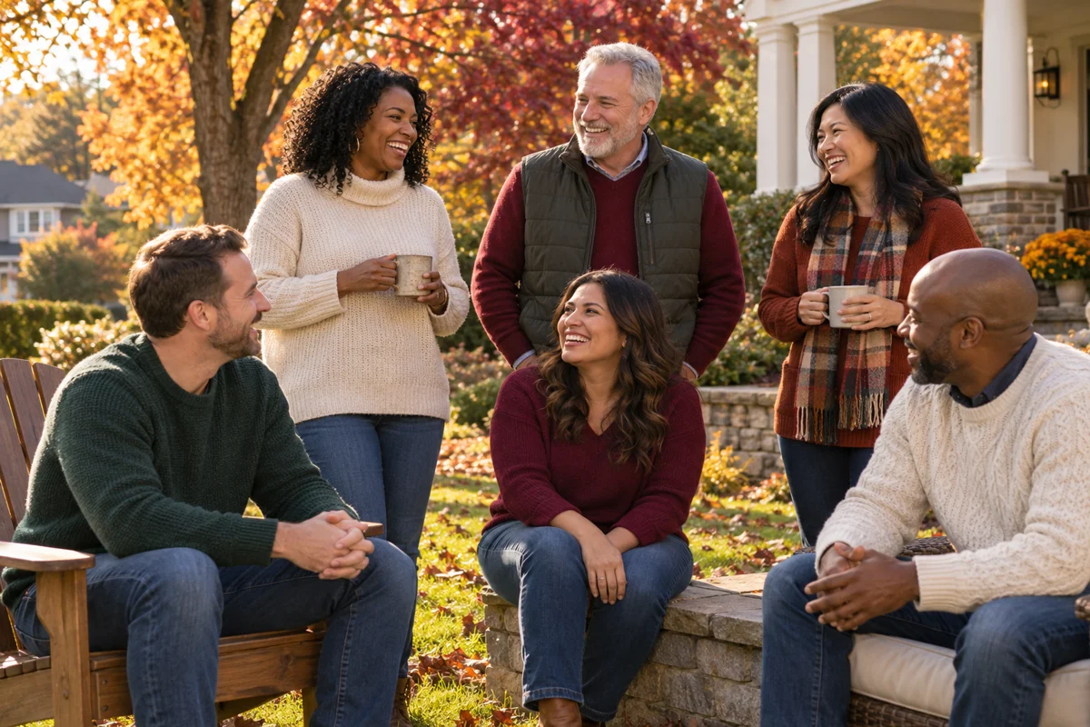 Illustrative image of a diverse group of adult friends smiling together in an autumn yard