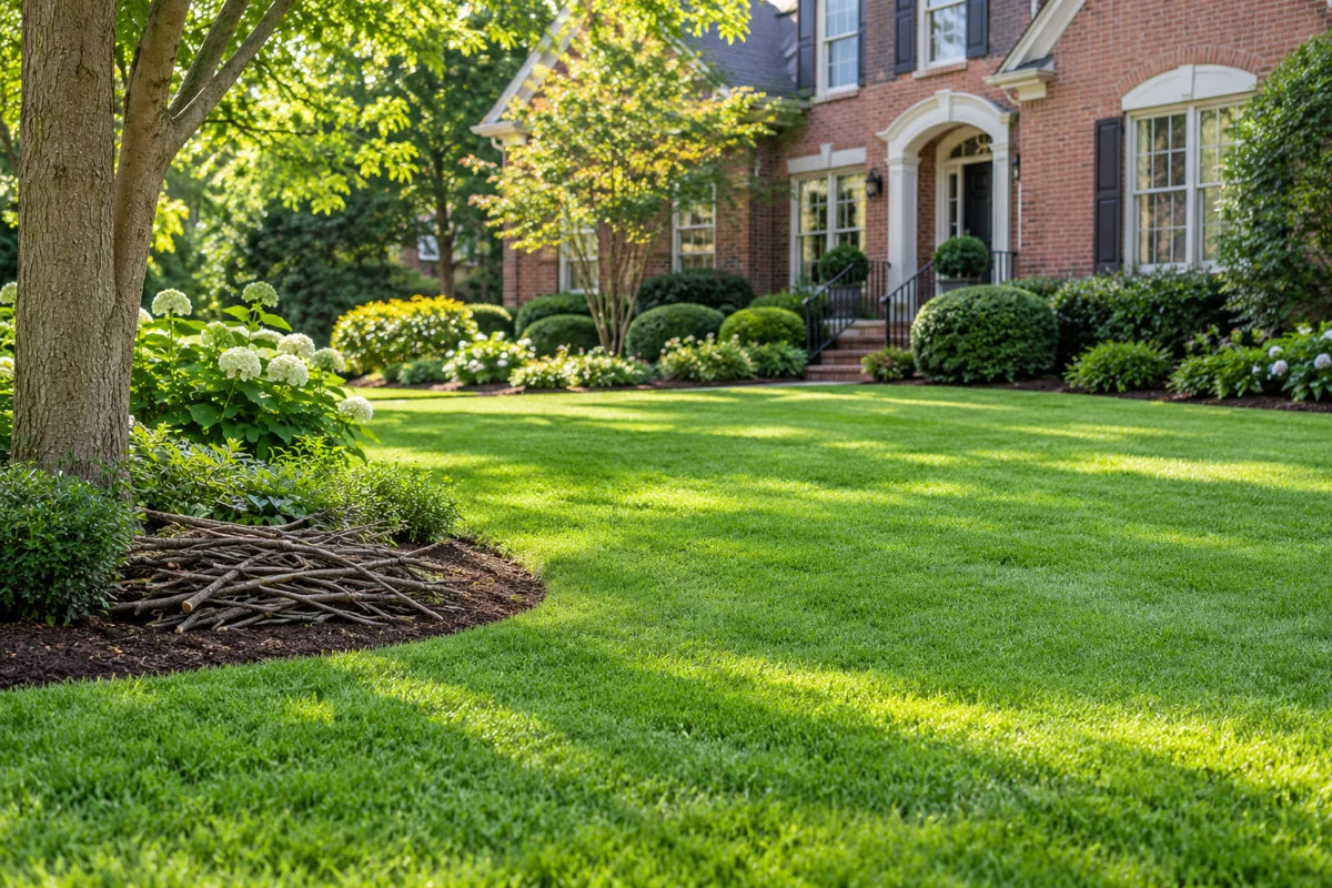 A cleared lawn with fallen branches neatly stacked at the edge