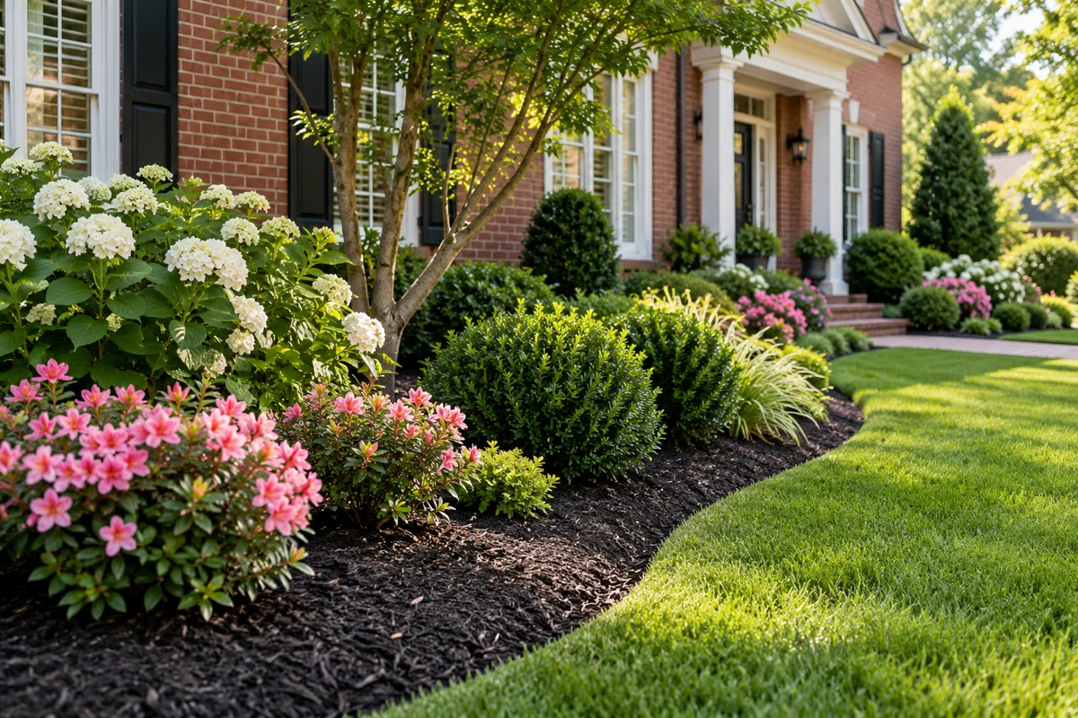 A tidy weed-free flower bed with healthy flowers and shrubs