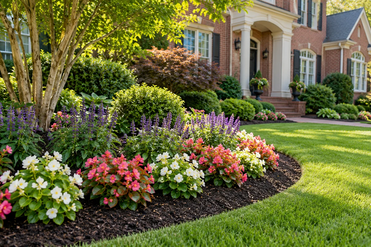 Pink, white, and purple flowers planted in a fresh garden bed
