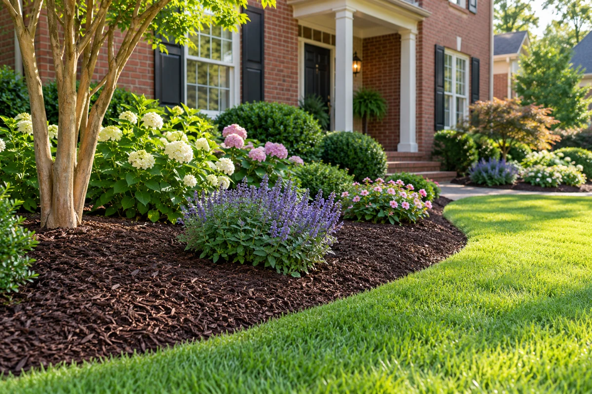 Fresh dark mulch and colorful flowers in a garden beside a brick home