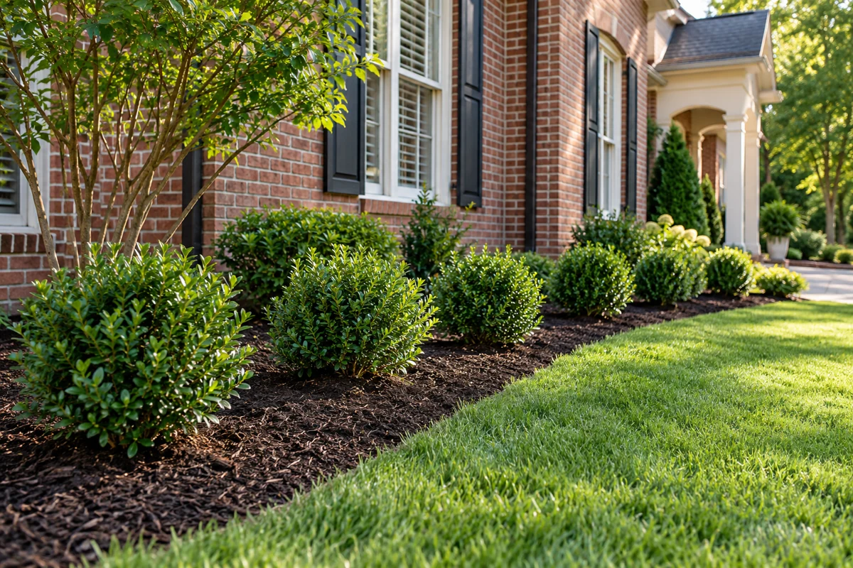 Small newly planted evergreen shrubs in a mulched landscape bed