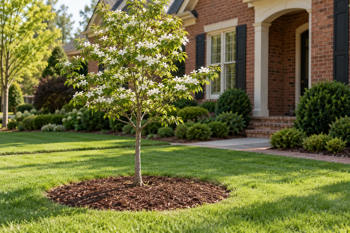 A young ornamental tree planted in a lawn with a neat mulch ring
