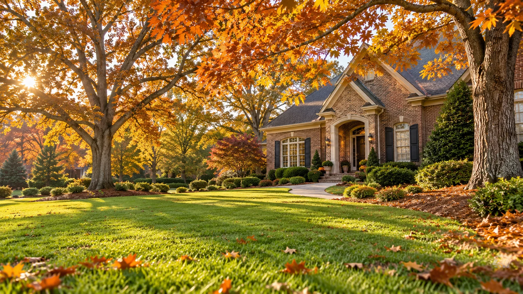 Illustration of a tidy Charlotte-style front yard with autumn oak trees